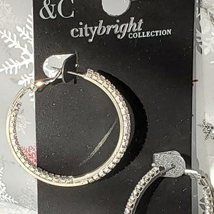 New York & Co City Bright Rhinestone Hoop Leverback Silver Pierced Earrings